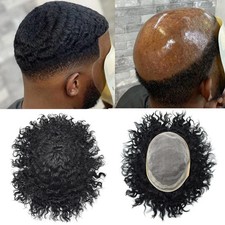 Afro Curly Mens Toupee Hairpiece Fine Mono Lace Kinky Curly Human Hair PU system
