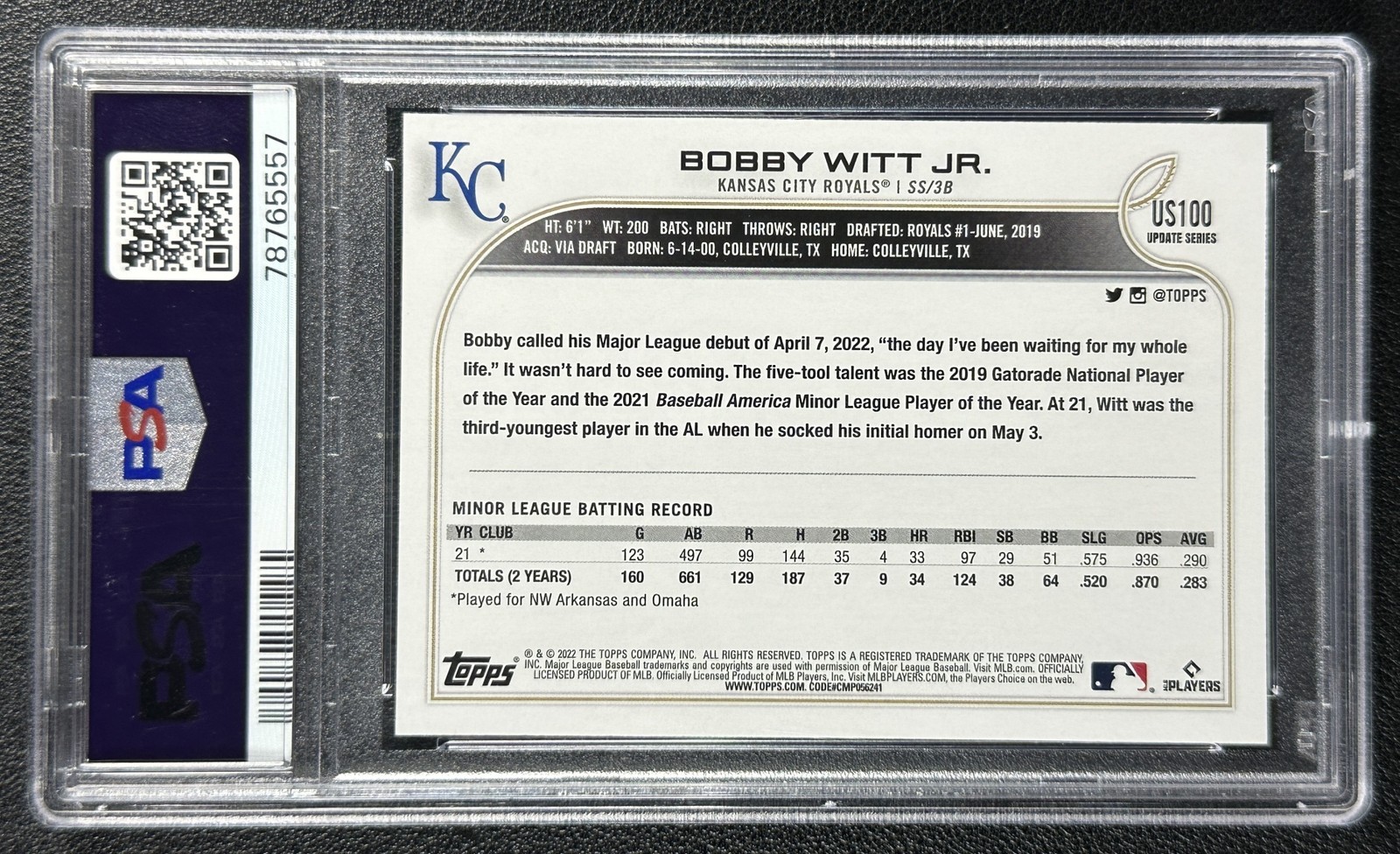 BOBBY WITT JR. PSA 10 2022 TOPPS UPDATE #US100 ROOKIE ROYAL BLUE RC SSP POP 10 view 2