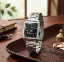 Casio LTP-V007D-1E Square Tank Black Dial Silver Stainless Steel Watch New