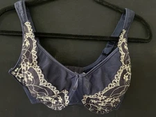 Curvation Navy Embroidery Bra SZ 38 DD Vintage Style 5304456