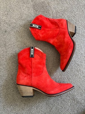 MSGM Women s Red Orange Leather Suede Cowboy Western Leather Ankle Boots NEW