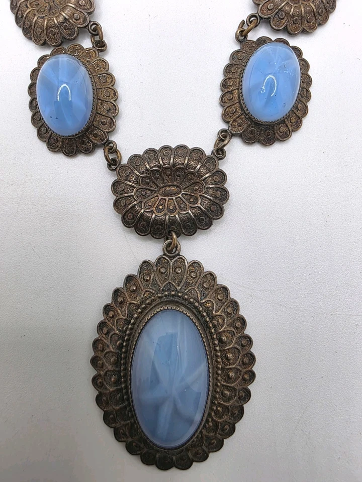 Vintage Czechoslovakia Blue Satin Glass Cabochon Necklace W/Ornate Setting, 15" - Image 3 of 4