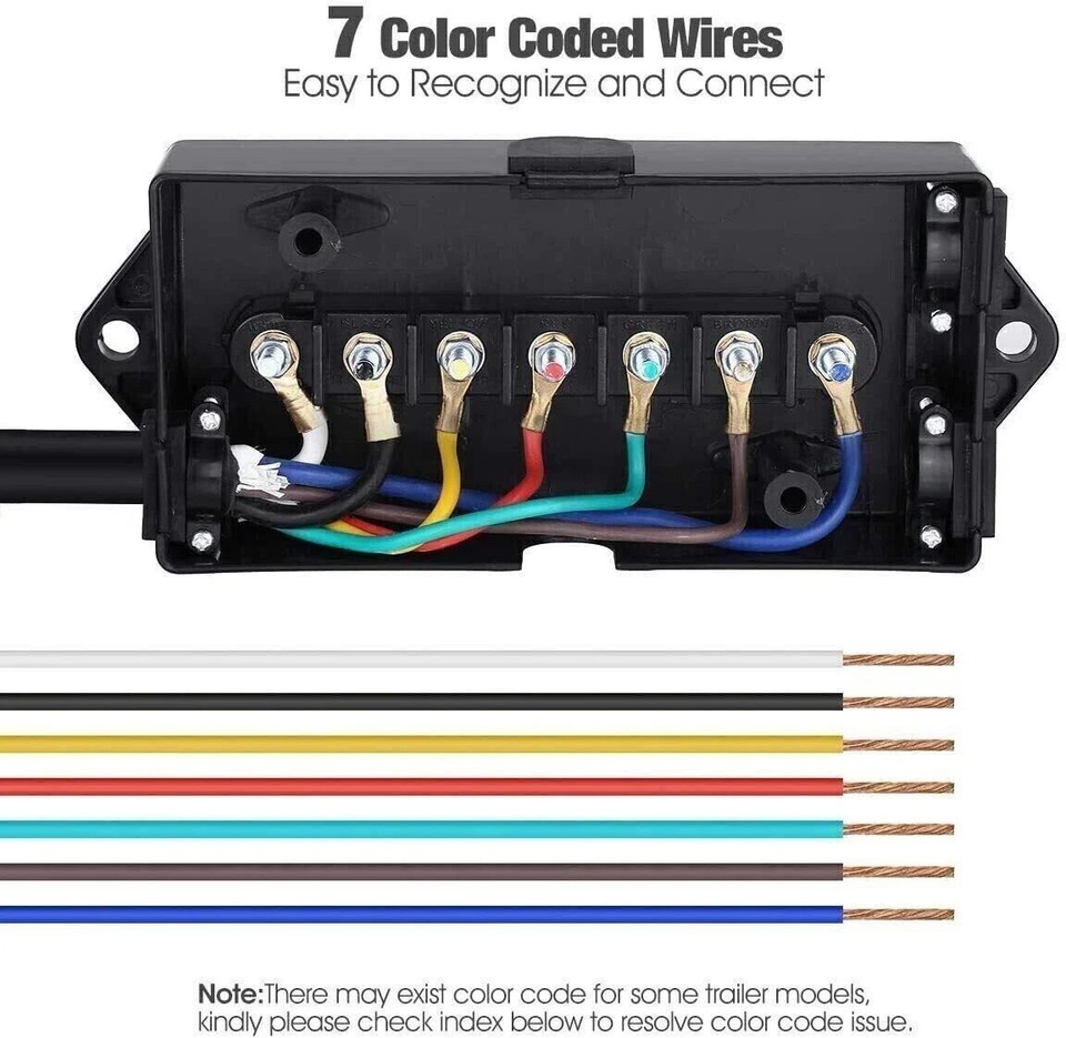7 Way Plug Inline Pre-Wired Trailer BLACK Cord w/Junction Box 8 Ft ...