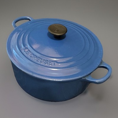 Le Creuset #22 Round Enameled Blue Cast Iron Dutch Oven 3.5Qt France | 1960s 