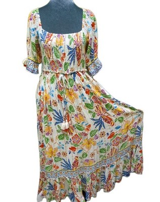 Me 2 Magic Anthropologie Size M Multi-color Floral Boho  Maxi Dress Smocked Bust