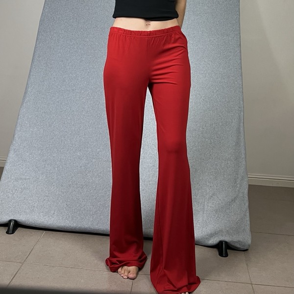Red Flare Pants Womens L Flared Leg Stretch Retro 70s Hippie Festival Y2K Flares