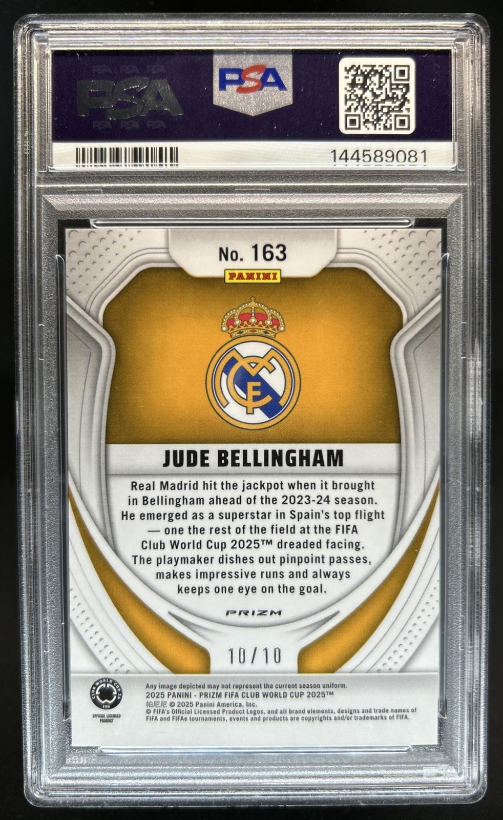 2025 Panini Prizm FIFA Club World Cup Jude Bellingham Gold #/10 PSA 9 view 2
