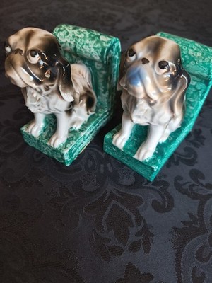 Porcelain Pekingese Bookends Maruyama Toki Yamashiro Ryuhei Japan 1920s/1930s