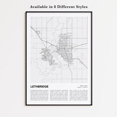 Lethbridge City Map Print, Alberta Travel Poster, Modern Map, Wall Decor Art