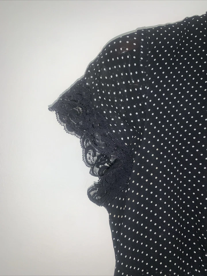 Coldwater Creek Silk Midi Dress Womens 10 Black Polka Dot Lined Lace Pin Up - Image 3 of 4