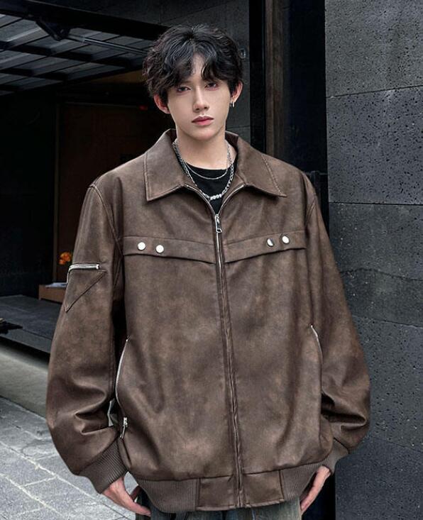 Retro Men's Faux Leather Lapel Loose Punk Zipper Coat Thick Warm Short  Jacket