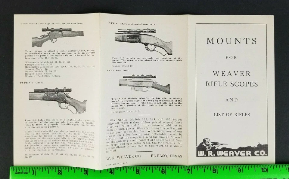Винтажные охотничьи складные крепления для винтовки Weaver 1940-е брошюра Эль-Пасо Техас - Изображение 3 из 3