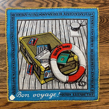    Superb Vintage Linen Handkerchief UNUSED w/ STOFFELS sticker "BON VOYAGE "