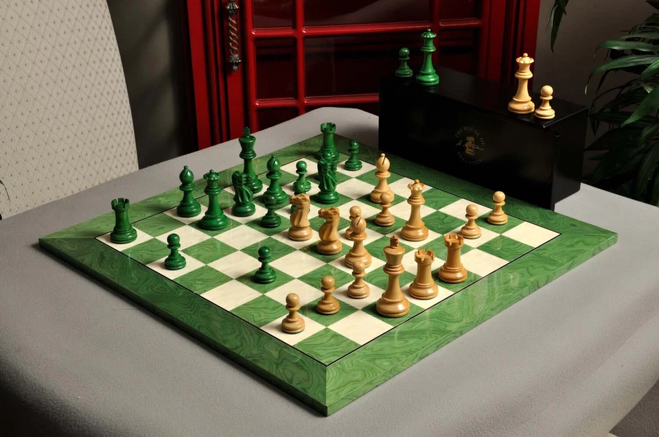 The Grandmaster Chess Set, Box, & Board Combination - 4" King - Green Gilded - Image 4 of 4