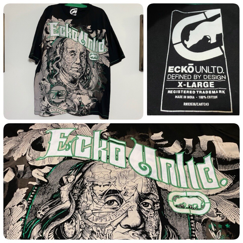 Mens Ecko Unlimited Ben Franklin T-Shirt Y2K Hip Hop Street Dollar