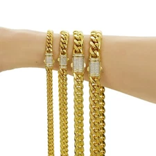 6-14MM  Stainless Steel 14k Gold Plated Miami Hip Hop Cuban Chain Or Bracelet FE