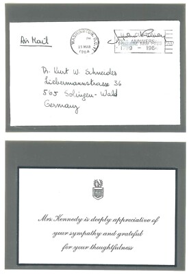 Danksagung auf eine Kondolenzkarte, Unterschrift von Jacqueline Kennedy