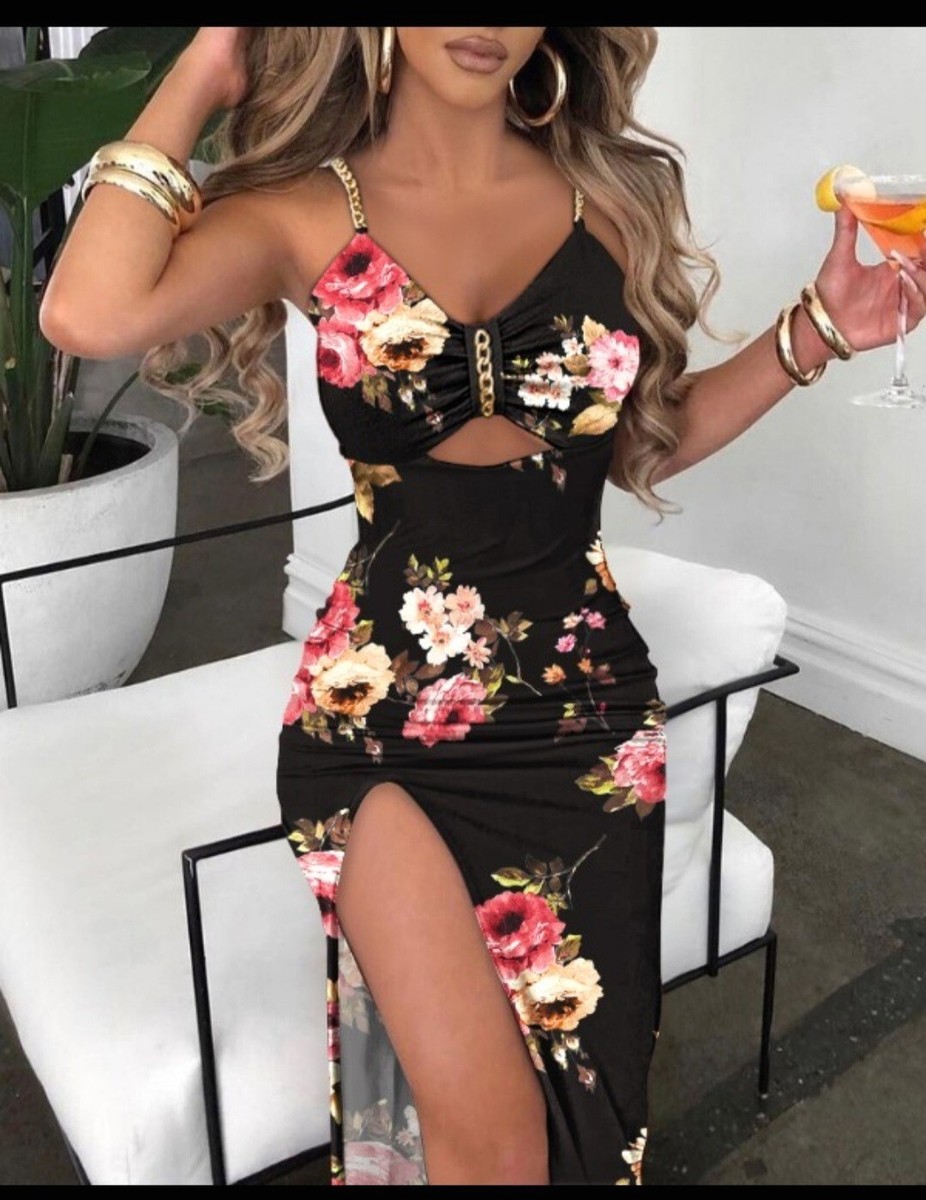 Floral print chain Decor Cutout High slit Dress | eBay