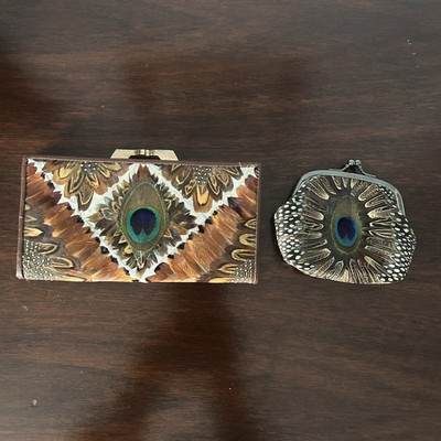 Vintage Lee Sands Genuine Peacock, Pheasant Feather Wallet/Clutch/Change Purse