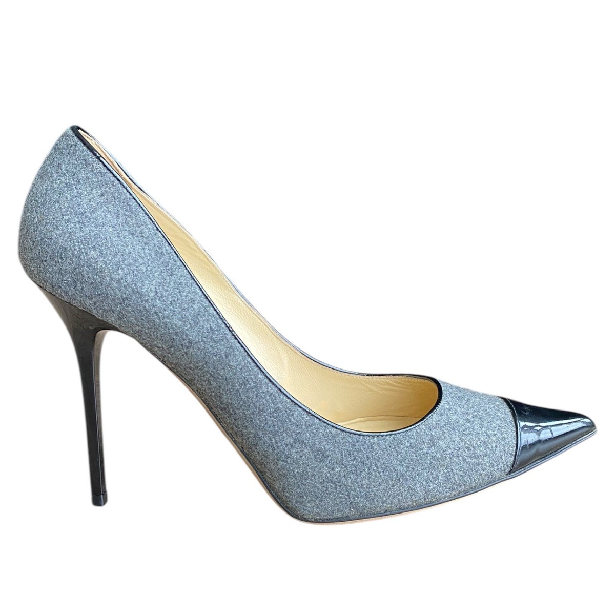 JIMMY CHOO Grey/Black Wool and Patent Leather Pumps, Size JIMMY CHOO Grey/Black Wool and Patent Leather Pumps, Size