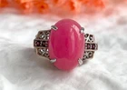 Pink Chalcedony Cabochon & Garnet Sterling Silver 925 Vintage Ring - sz 9