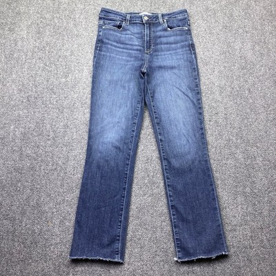 Paige Cindy High Rise Straight Leg Jeans Dark Wash Raw Hem Size 28 Grunge