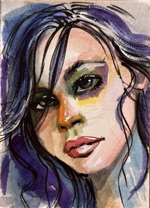 ACEO Original Art Card Watercolor Portrait Sassy  Woman Goth Stylish @gkehart