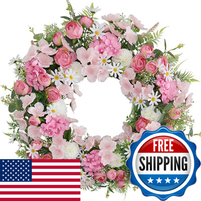 BINFEN Pink Flower Door Wreath 24-26 Inch   Spring Summer Easter Wreath with Fau