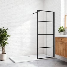 Wet Room Shower Screen Black Grid Fixed 8mm Glass with Flpper Panel