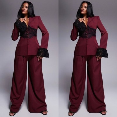 Burgundy Women Suits with Black Lace Decoration Party Wedding Ladies  Outfits | eBay