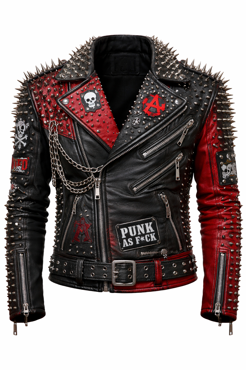 Men Punk Studded Leather Biker Jacket Black Red Spiked Moto Coat