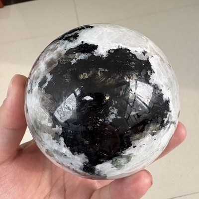 2.2LB 3.5'' Natural Black And White Moonstone Sphere Crystal Ball Healing