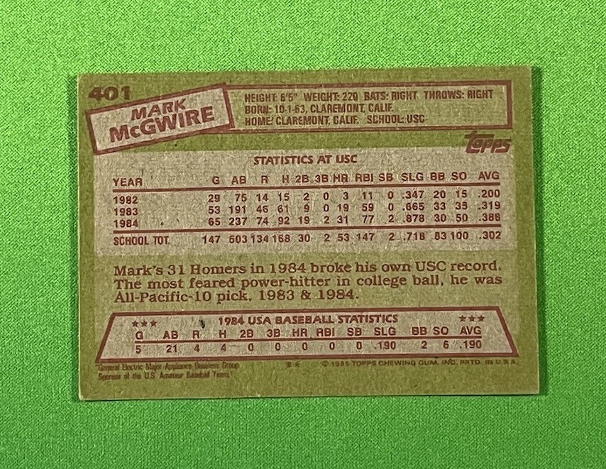 1985 Topps Mark McGwire (RC) 1984 USA Baseball Team #401 • Rookie • EX ...
