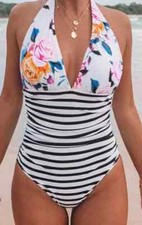 NWT Bold Floral and Stripe Halter Tummy Control One Piece Swimsuit Size Large
