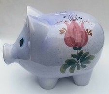GIANT Vintage 11x9 Large Jumbo Purple Piggy Bank Ceramic Flowers Hand Painted