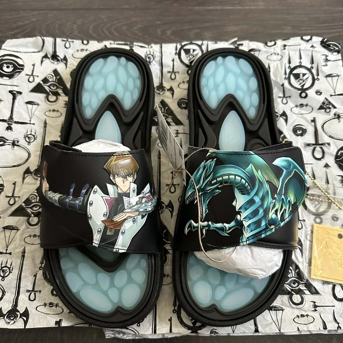 adidas blue eyes white dragon slides