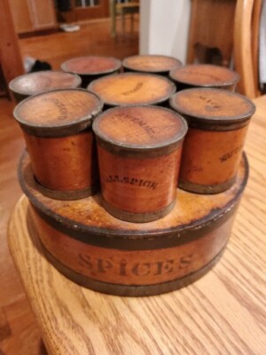 RARE MID-19TH C ANTIQUE INK BENTWOOD/TIN RND SPICE BIN, W/8 CANNISTERS PAT 1856