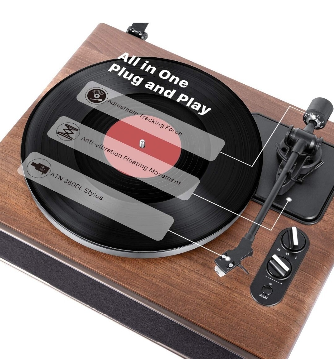 1 By One High Fidelity Belt Drive Turntable System Built in Amplifier