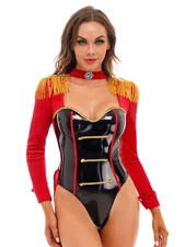 Sexy Womans Leather Bodysuit Ringmaster Jacket Tailcoat Costume Jumpsuit Leotard