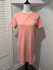 Adidas Originals Logo Pink Ribbed T-Shirt Dress Short Sleeves Size Large
