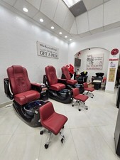 Red  Black Adjustable Pedicure Chair Set with Footrest and Technician Stools
