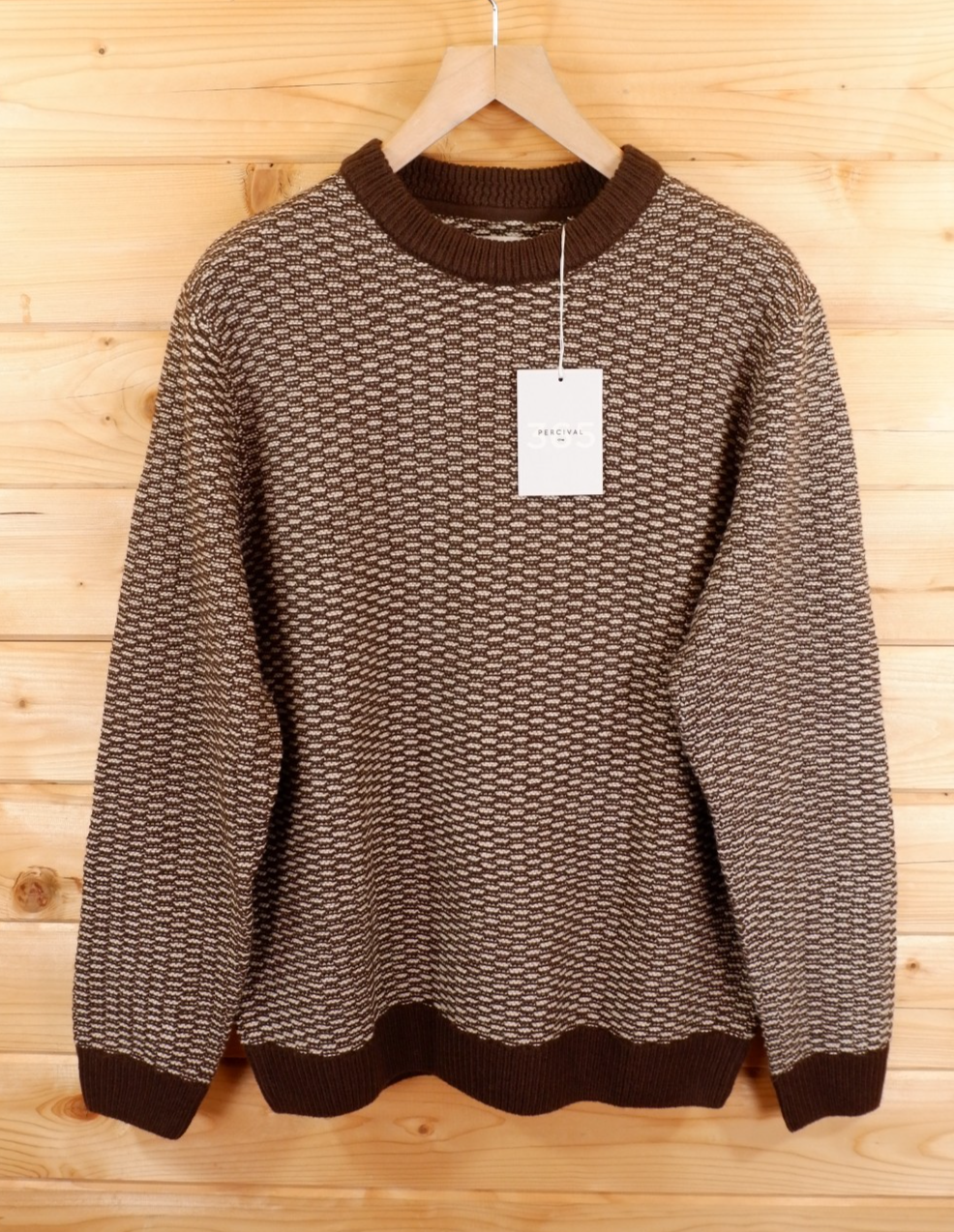 Mens Percival Crossby Crew Knit Fisherman Jumper Chocolate/Beige Size L BNWT