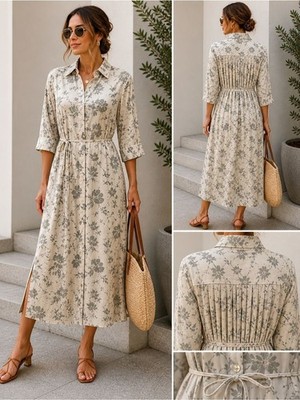 MNG Mango Shirt Dress XL (U.S 10 ) Beige Floral Midi Button Front Tie Waist
