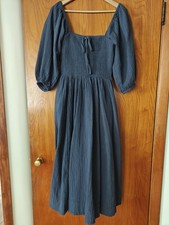 Quince Navy Blue Organic Cotton Gauze Smocked Square Neck Midi Dress Sz S Medium