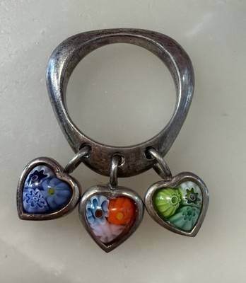 Vintage Alan K Millefiori Ring 3 Hearts Designer Signed 925 Sterling Sz9