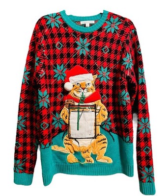 Cat Santa Ugly Christmas Sweater Celebrate Together Large Red Green Cookie Milk
