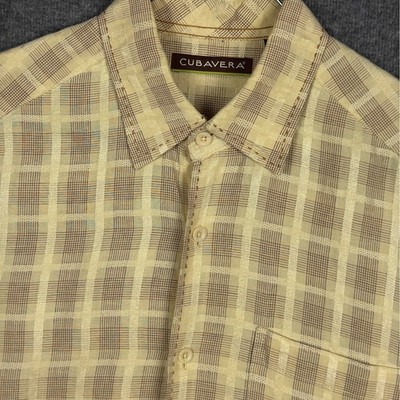 Cubavera Shirt Mens Medium Yellow Plaid Linen Blend Short Sleeve Button