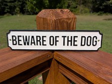 HEAVY CAST IRON LONG BEWARE OF THE DOG SIGN PLAQUE WALL FENCE GATE SIGN