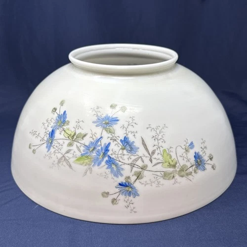 Antique Hand Painted Opal Milk Glass Hanging Library Oil Lamp Shade 14" Fitter