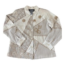 Indigo Moon Embroidered Patchwork Jacket Women s Large White Gold Sequins Lace